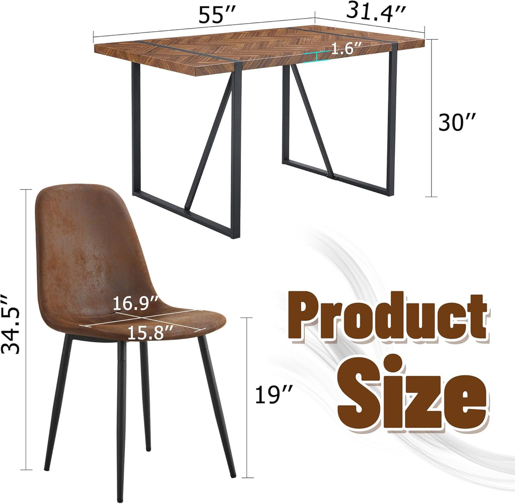 FURNITO 55" Dining Room Table Set for 4, Mid Century Modern Dining Table Set with Upholstered Chairs, Rustic Dark Wood Kitchen Table and Chairs Set for Living Room, Space-Saving & Easy Assembly