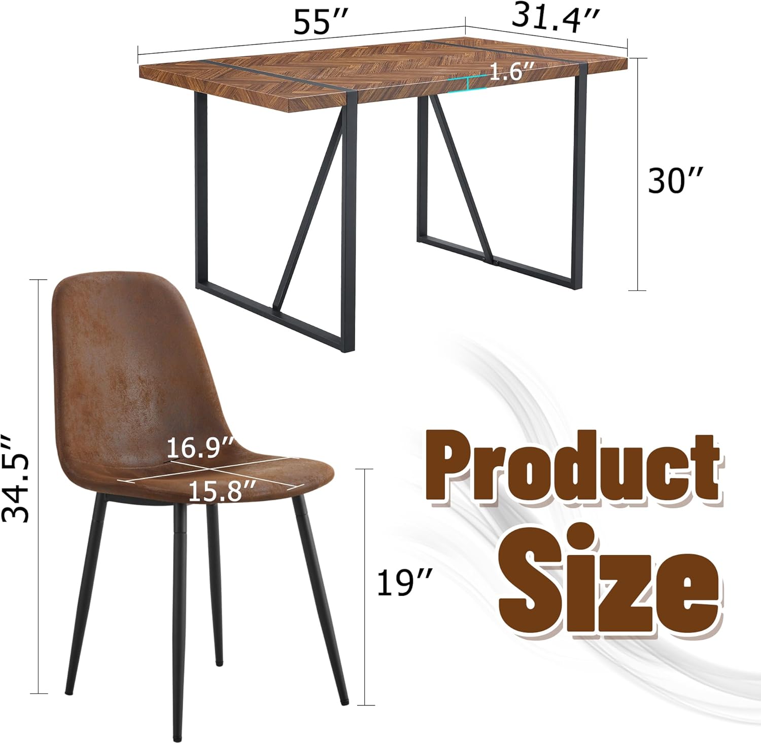 FURNITO 55" Dining Room Table Set for 4, Mid Century Modern Dining Table Set with Upholstered Chairs, Rustic Dark Wood Kitchen Table and Chairs Set for Living Room, Space-Saving & Easy Assembly
