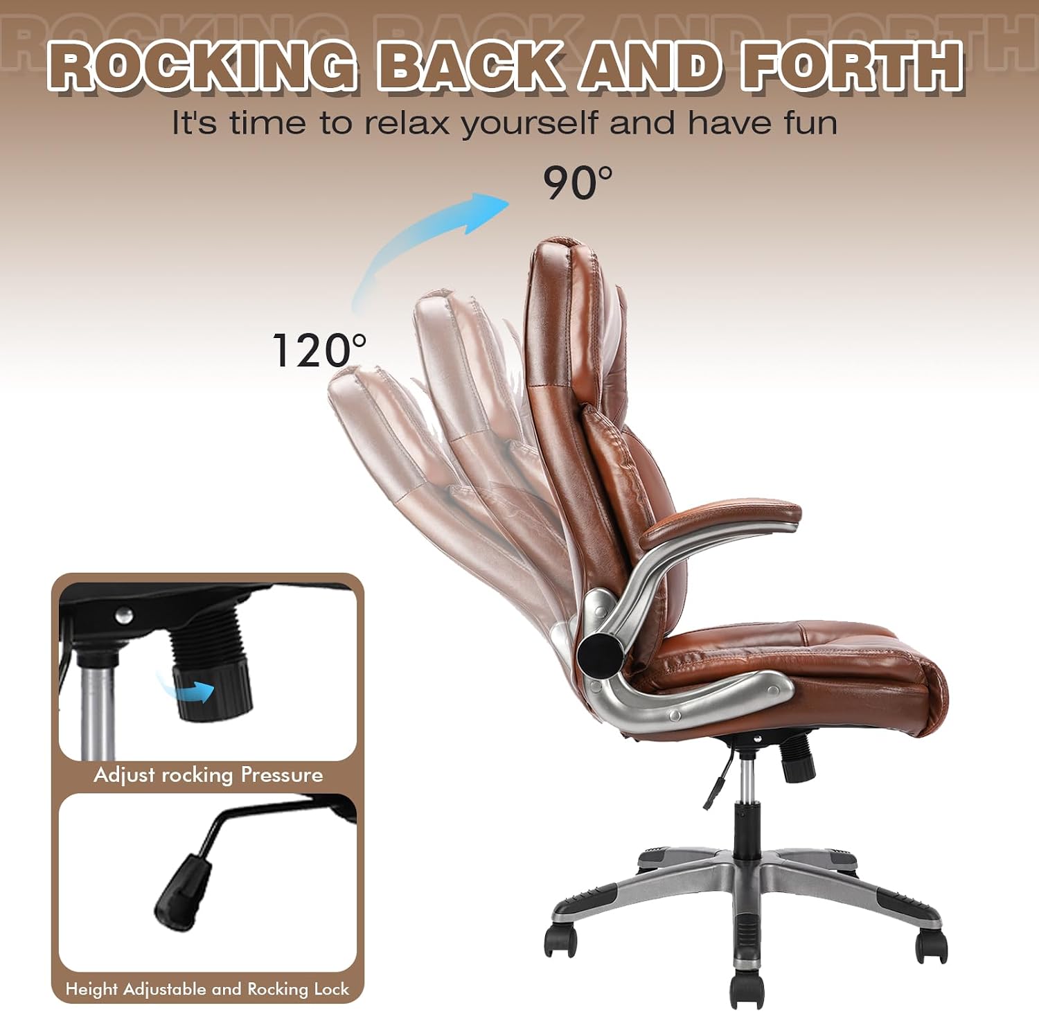 Brown Leather Office Chair with Flip up Arms, High Back Ergonomic Executive Office Chairs with Wheels, 90-120° Rocking Office Desk Chair with Lumbar Support, Swivel Task Chairs