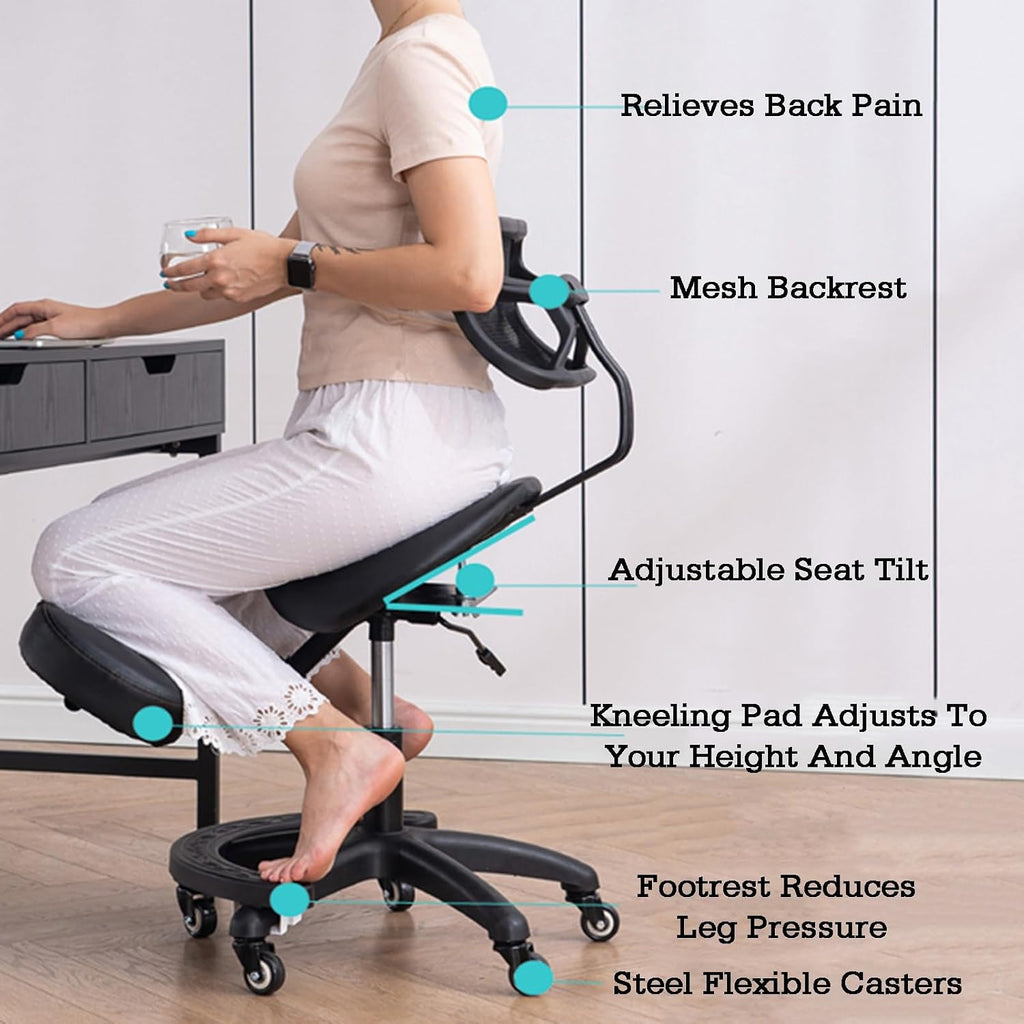 Saddle-Shaped Kneeling Chair,Ergonomic Posture Chair with Backrest and Wheels,45-60cm Adjustable Positions for Home and Office