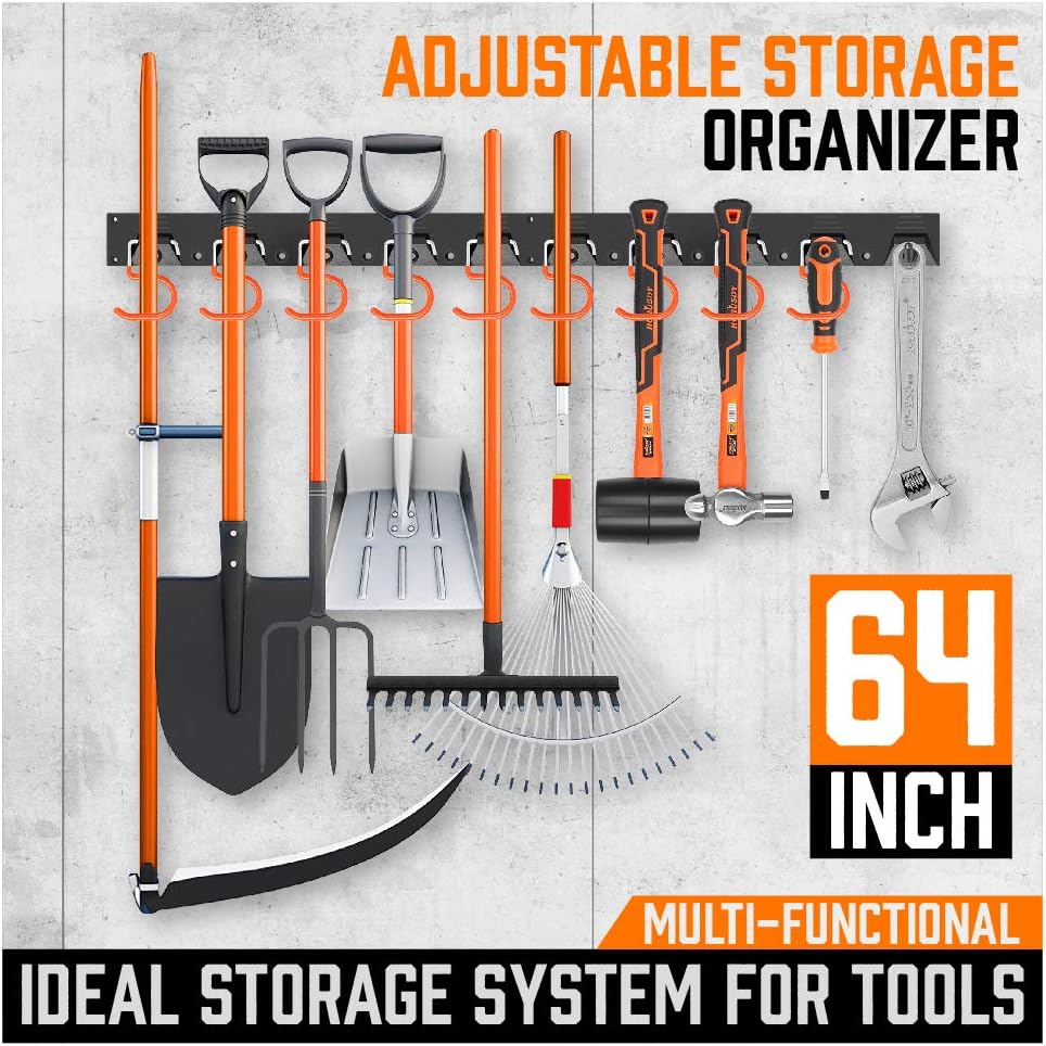 HORUSDY 64 Inch Adjustable Storage System, Wall Mount Tool Organizer, Tool Hangers for Mop and Broom Holder Shovel, Rake, Broom, Mop Holder, Etc (Pack of 2)