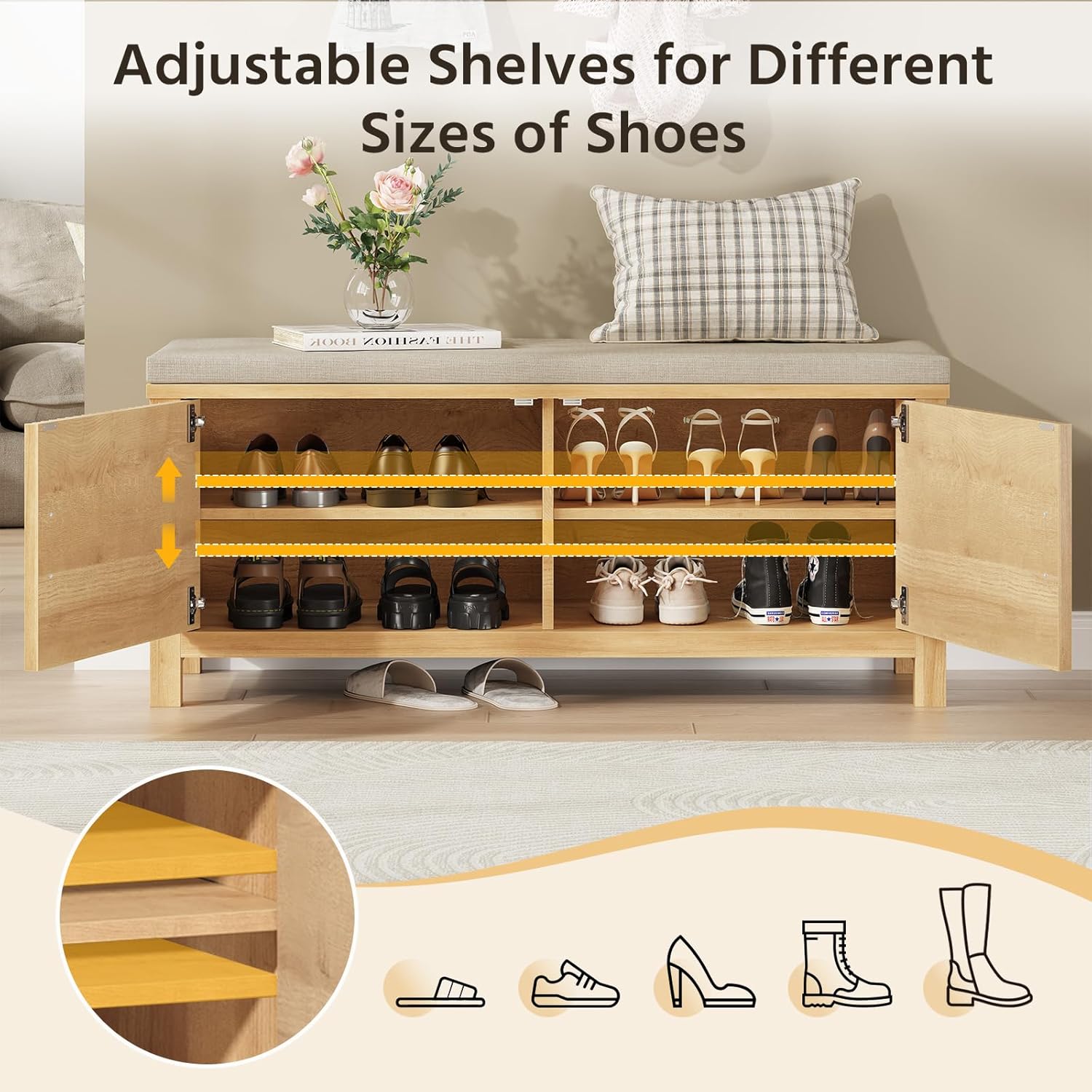 39.4" Shoe Storage Bench with Seating Cushion, Fluted 2-Tier Entryway Bench with 2 Doors & Adjustable Shelves, Shoe Cabinet Bench for Entryway, Bedroom, Hallway, and Living Room