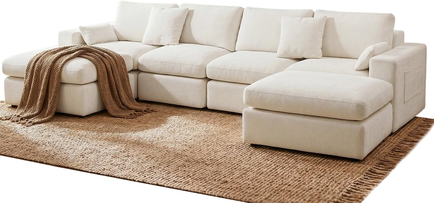 136" Cloud Modular Sectional Sofa with Detachable Comfort Seat Cushion, U-Shaped Convertible Boneless Couches for Living Room, Rearrange Freely, No Assembly, Warm White, 6-Seater Ensemble