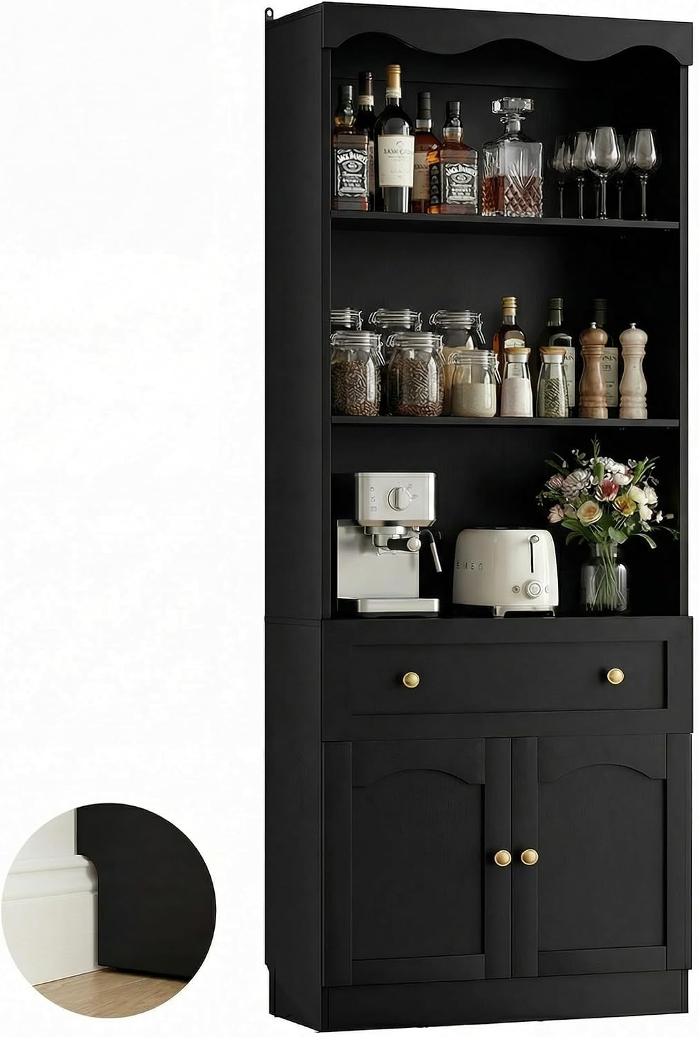 Cyclysio 80" Tall Pantry Cabinet with 3-Tier Open Shelves, Black Kitchen Pantry Storage Cabinet with Drawer, Kitchen Organizer with Built-in Baseboard Notch for Kitchen, Living Room, Bathroom
