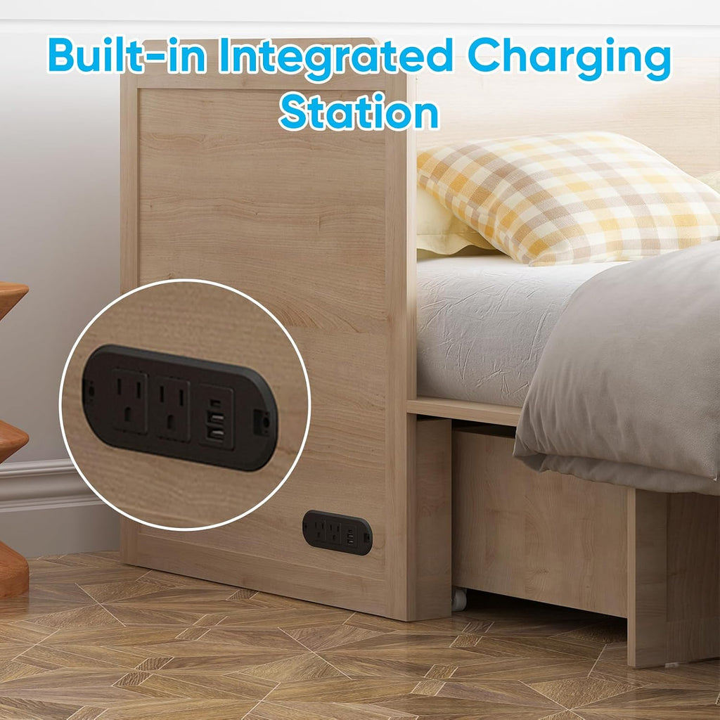Mjkone Murphy Bed with Tri-Folding Mattress, Queen Hidden Cabinet Bed with Built-in USB Charging Station and 2 Storage Drawers, Foldable Wall Cabinet Beds for Living Room, Natural Wood Color