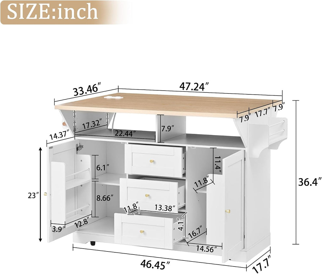 JIJIWANG Multifunctional Extendable Kitchen Island Cart with with Towel Rack,Spice Rack Shelf US Standard Outlet, 47 * 18 * 36inch,5 Wheels Mobile Kitchen Storage Cabinet,1 inchThick Top Board,White