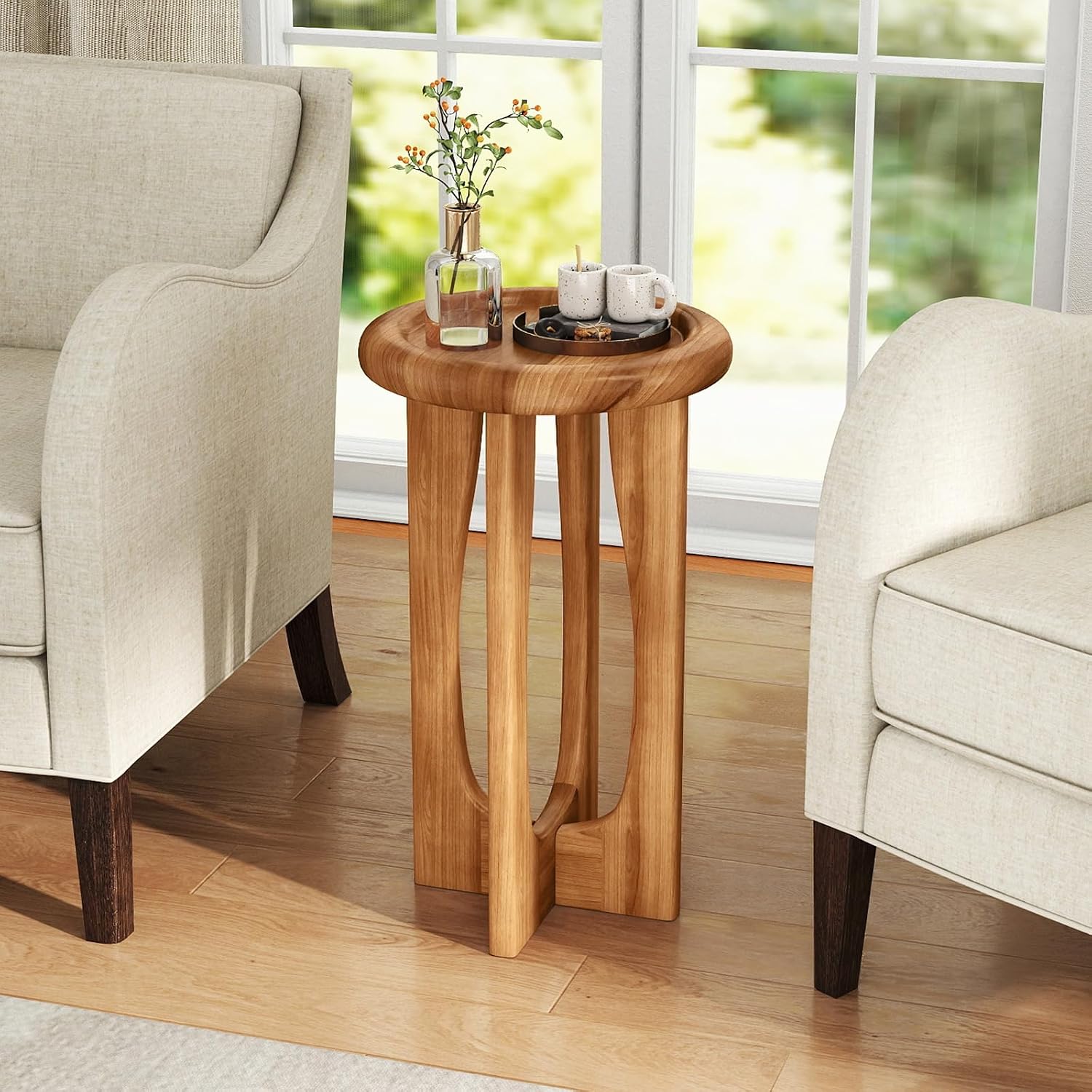 Tangkula Round Side Table, 14” Mahogany Accent Table with Tray Top & Solid Wood Cross Legs, Sofa Bedside End Table for Living Room, Bedroom, Porch, Backyard, Natural