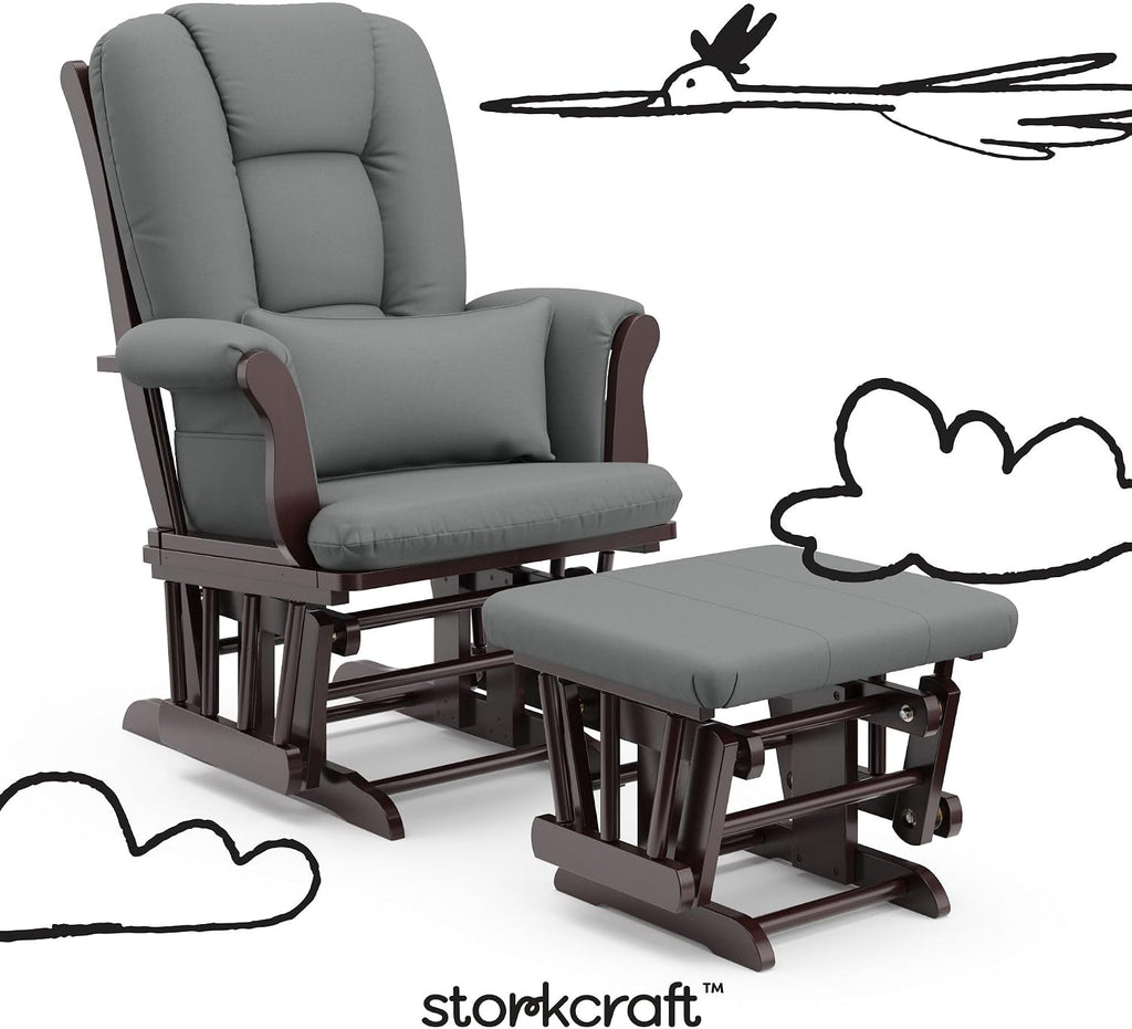 Storkcraft Tuscany Glider and Ottoman with Lumbar Pillow, Espresso/Gray | GREENGUARD Gold Certified, Bonus Lumbar Cushion Included, Solid Wood Base, Smooth Motion, Award-Winning Nursery Rocking Chair