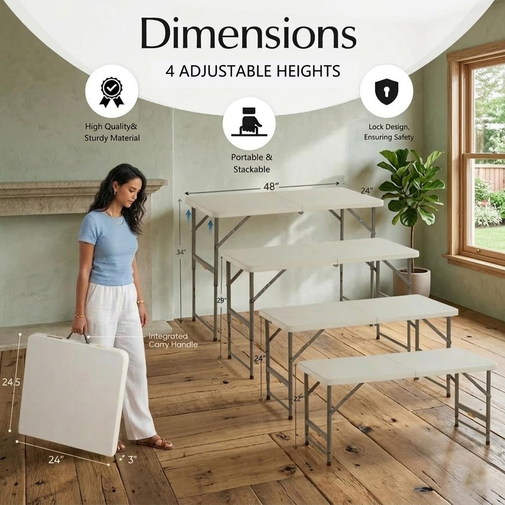 4FT Folding Table with One Press Adjustable Height,Fold in Half Portable Card Table with Carry Handle&Locking Steel Legs,Heavy Duty Plastic Utility Table for Party,Picnic,Camping Indoor Outdoor,White
