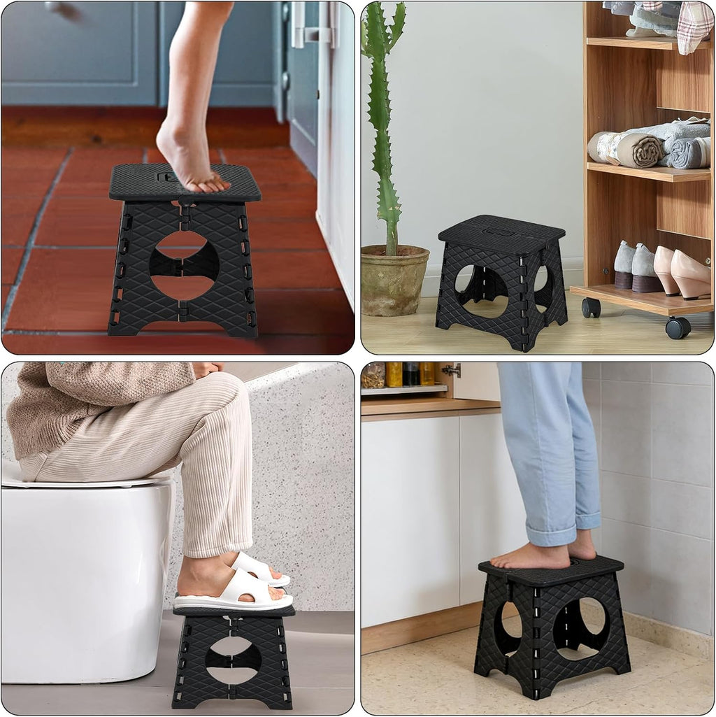 Folding Step Stool, 10 inch Non-Slip Foldable Stools, Step Stool with Handle, Lightweight for Kitchen, Bathroom, Bedroom, Garden, Black, 2 PCS