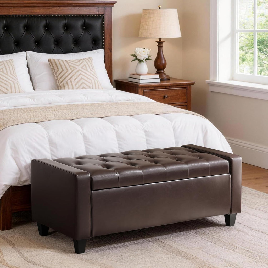 Zihanhome Ottoman with Storage，Storage Ottoman Bench, Faux Leather Storage Bench for Bedroom with Safety Hinge，Bedroom Benches with Seating for Living Room, Entryway (Dark Brown-PU)