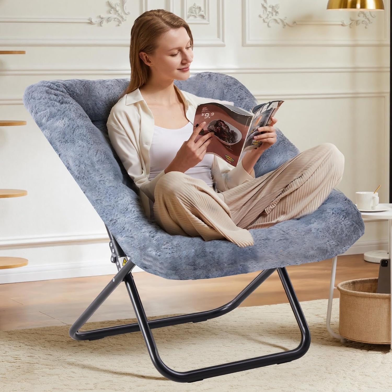 DUMOS Comfy Chair for Adults, Soft Faux Fur Folding Lounge for Bedroom Living Room Dorm Rooms Flexible Reading Chair for Teens, Large Size Foldable, Square-Gray