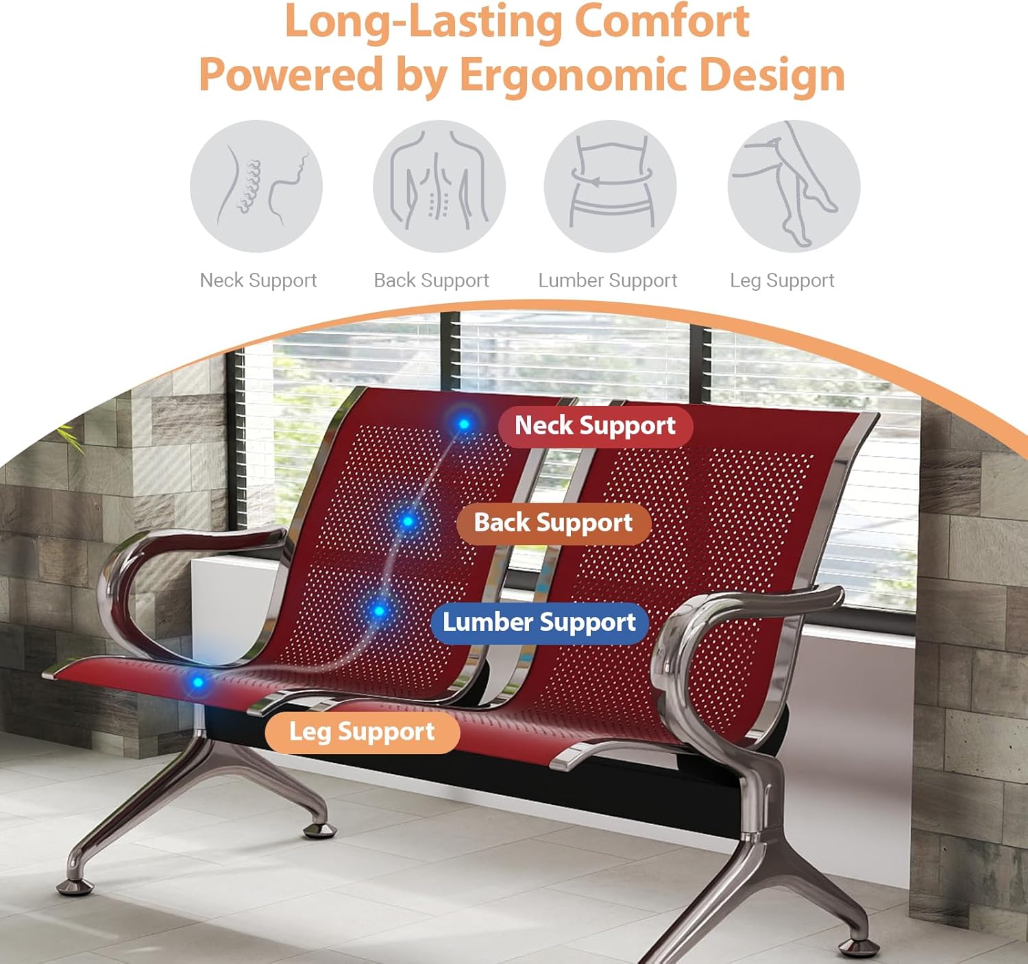 Kinfant 2-Seat Waiting Room Chair - Office Guest Reception Chairs with Ergonomic Backrests, Airport Waiting Bench with Armrests, Metal Waiting Furniture for Hospital, Bank, Salon, Dark Red