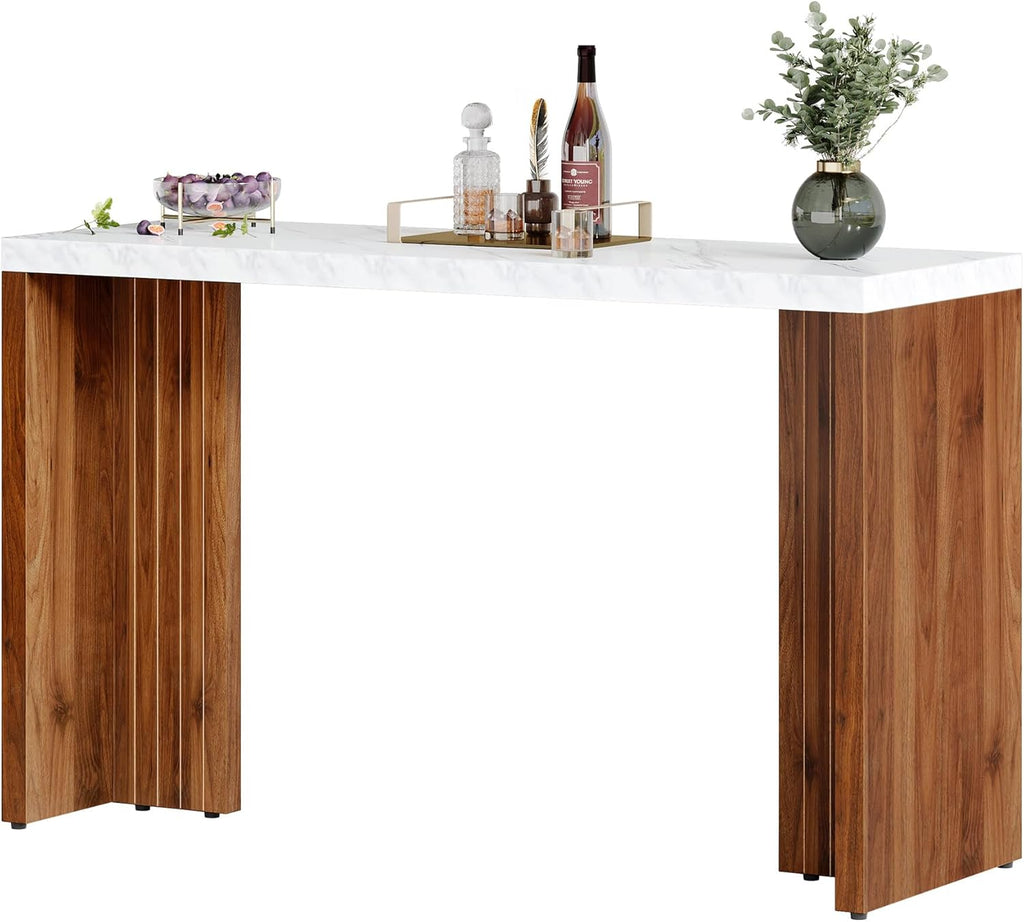 Tribesigns 55.12-Inch Bar Table, Modern Counter Height Pub Table with a Faux Marble Tabletop, Rectangular Home Coffee Bar Unit for Kitchen, Dining Room, Living Room, Balcony, Basement, Walnut & White