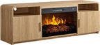 AMERLIFE 70" Fluted Fireplace TV Stand for TVs Up to 80", Modern TV Console with 30" Electric Fireplace & Storage Cabinets, Media Entertainment Center for Living Room, Natural Oak