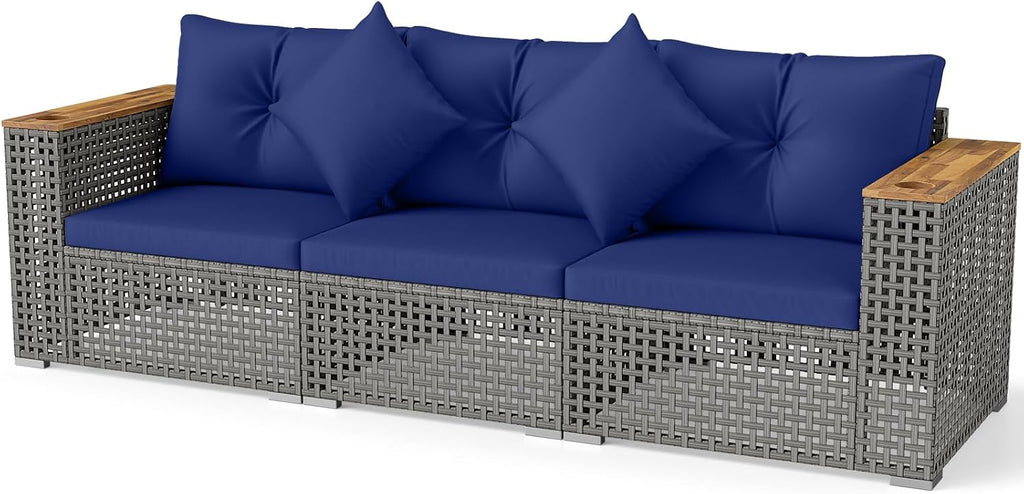 KOTEK 3-Seater Outdoor Couch, 86.5" Large Size Patio Wicker Sofa with Cup Holders & Wood Armrest, Cushions & Pillows, 3 Piece PE Rattan Sectional Furniture Set for Porch, Deck, Backyard (Navy)