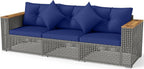 KOTEK 3-Seater Outdoor Couch, 86.5" Large Size Patio Wicker Sofa with Cup Holders & Wood Armrest, Cushions & Pillows, 3 Piece PE Rattan Sectional Furniture Set for Porch, Deck, Backyard (Navy)