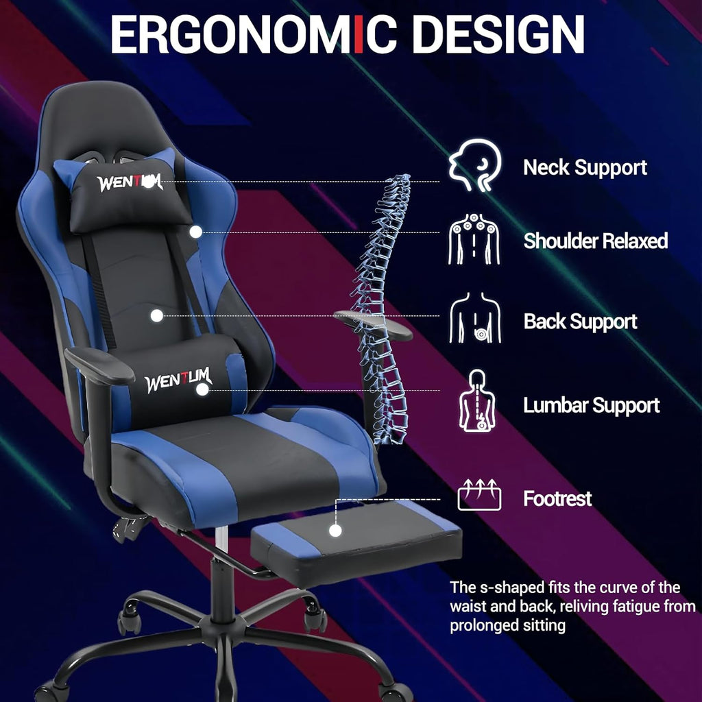 Gaming Chair with Footrest, Ergonomic PC Desk Chair with Headrest and Massage Lumbar Support, Video Game Chair with Height Adjustable High Back for Home Office, PU Leather, Blue