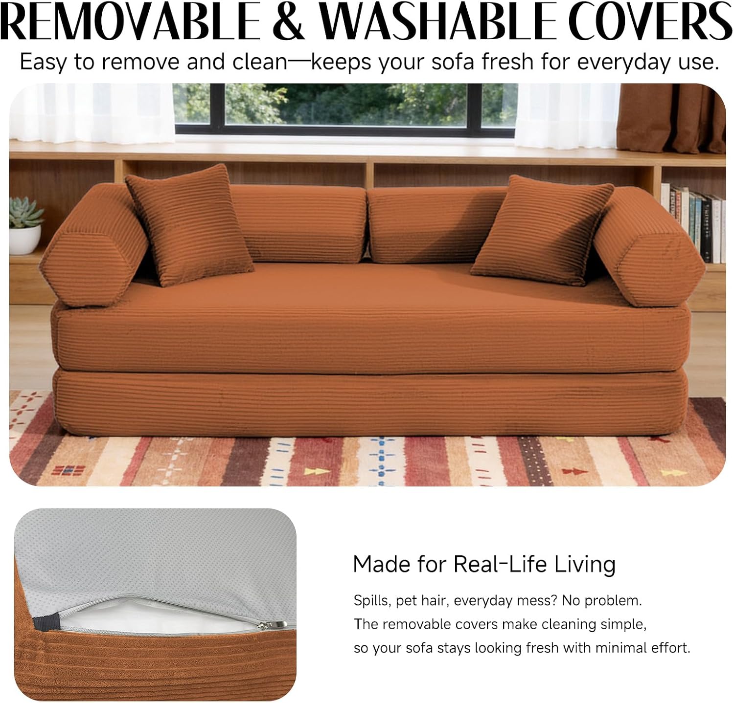 79" Corduroy Sofa Bed, Boneless Couch in a Box with 2 Pillows, High-Density Foam 4-in-1 Foldable Sleeper Futon Loveseat for Small Spaces, No Assembly, Side Pockets, Hex Arm Orange