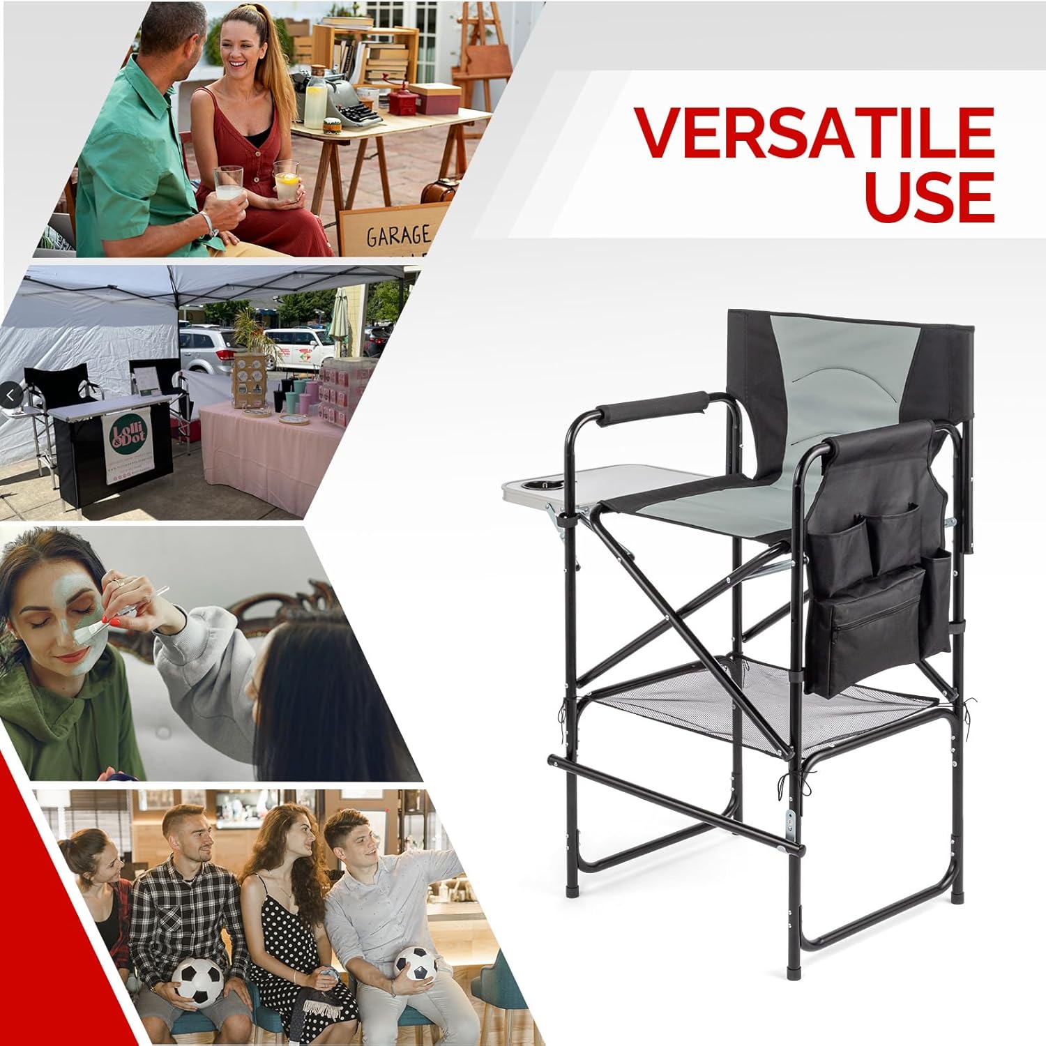 OmySalon Extra Tall 30'' Bar Height Directors Chair, Professional Portable Makeup Artist Folding Chair w/Side Table, Cup Holder, Side Storage Bag, Heavy Duty Iron Frame 300 lbs Capacity