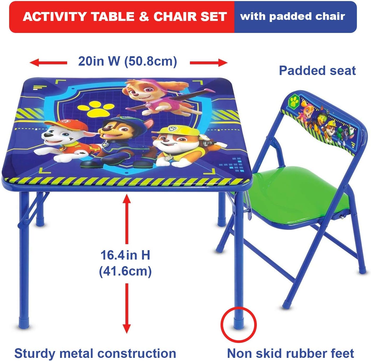 Paw Patrol Table & Chair Set for Toddlers 24-48M, Includes 1 Table & 1 Chair - Sturdy Metal Construction, Table: 20" L x 20" W x 16.4" H, Chair: 12" L x 11.6" W x 17.7" H - Weight Limit: 70 lbs