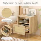 Rattan Night Stand with Drawers, Rattan Natural Oak Night Stand, Boho Nightstand, End Table with Drawer and Storage, Farmhouse Night Stands, Wooden Nightstand for Bedroom, Living Room,Office