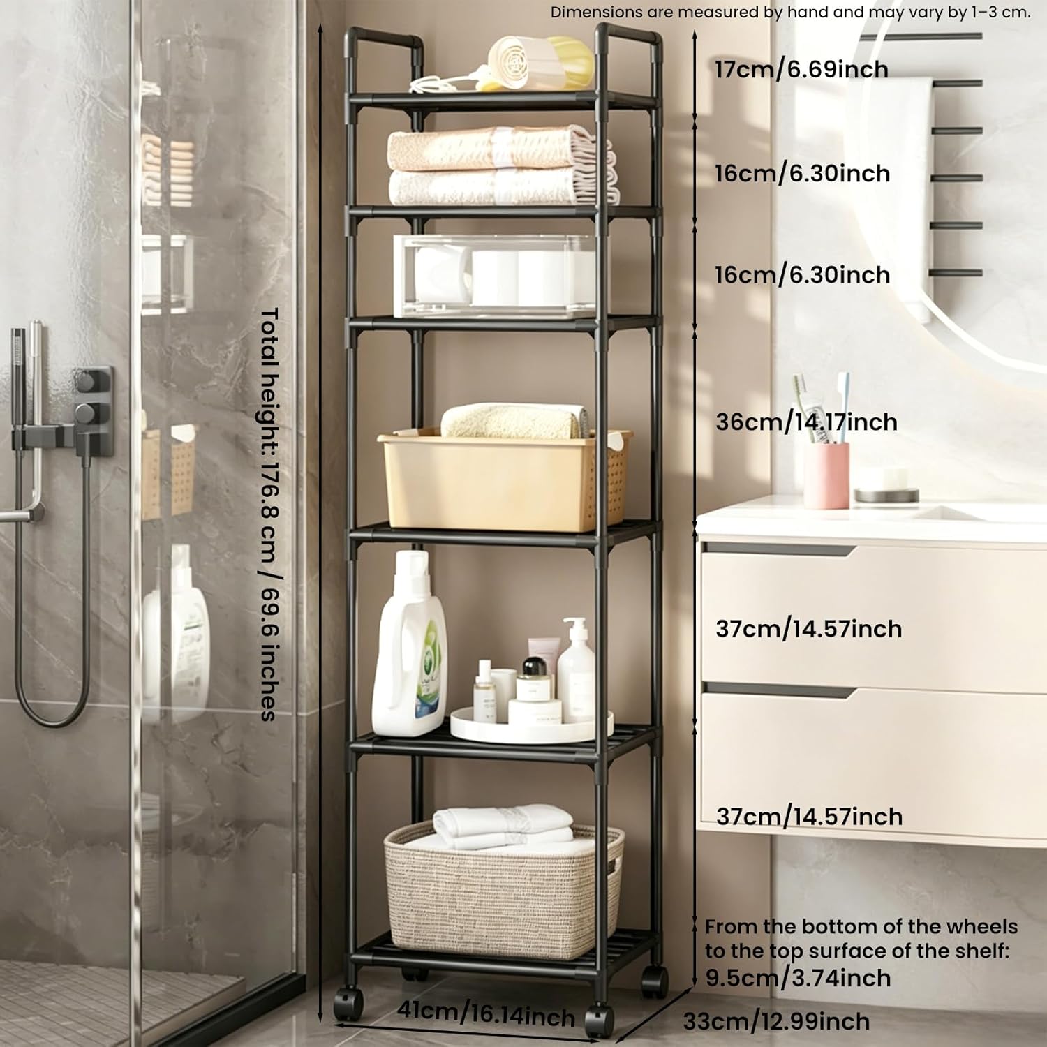 GOESWELL 6-Tier Slim Storage Cart: Rolling Utility Cart on Wheels with 2 Lockable Casters, Narrow Metal Shelving Unit for Kitchen Bathroom Laundry Home Organizer Black