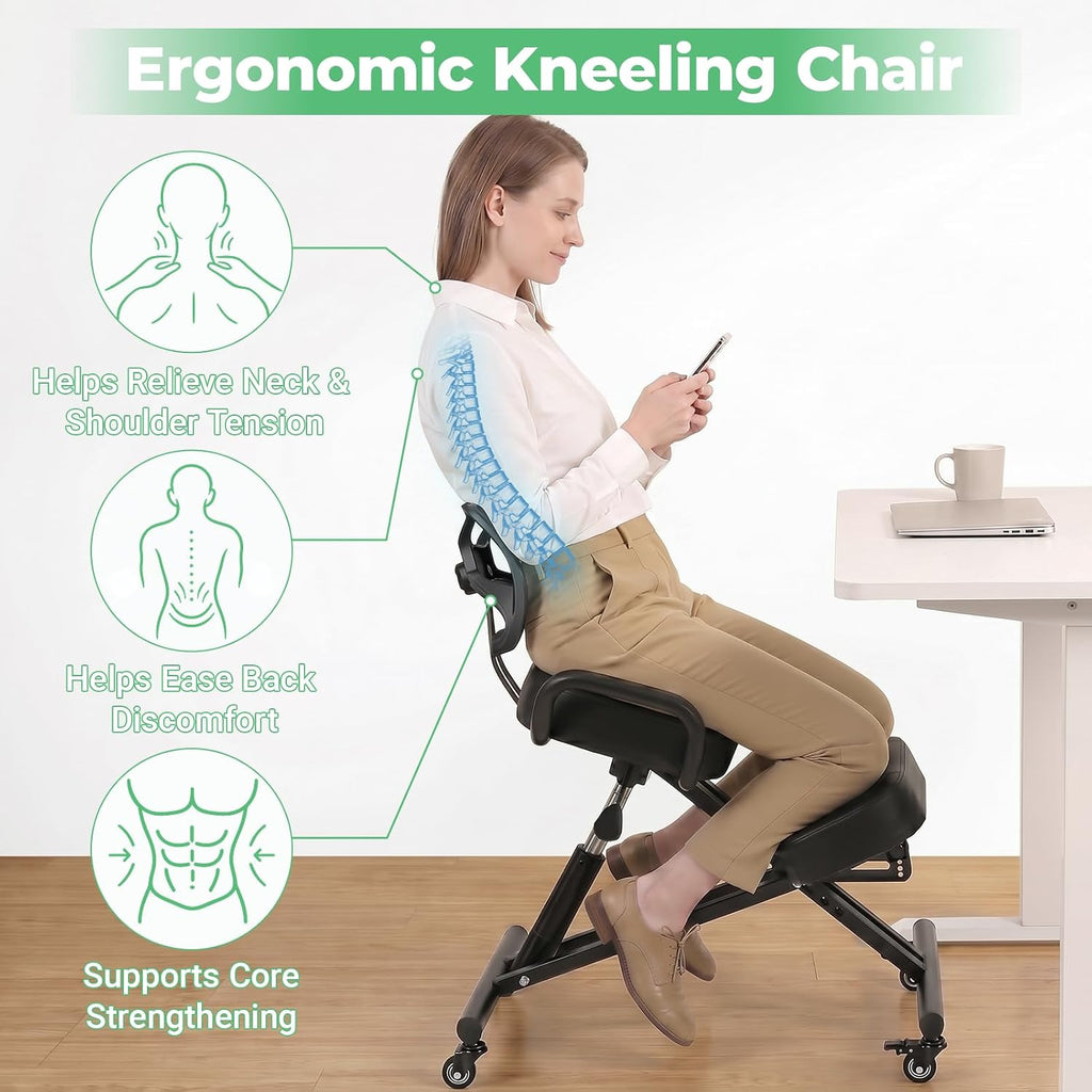 Ergonomic Kneeling Chair with Back Support, Height Adjustable Kneeling Office Chair with Wheels, Posture Correction Desk Chair for Home Office, Study, Computer Work, Supports Up to 220 lbs