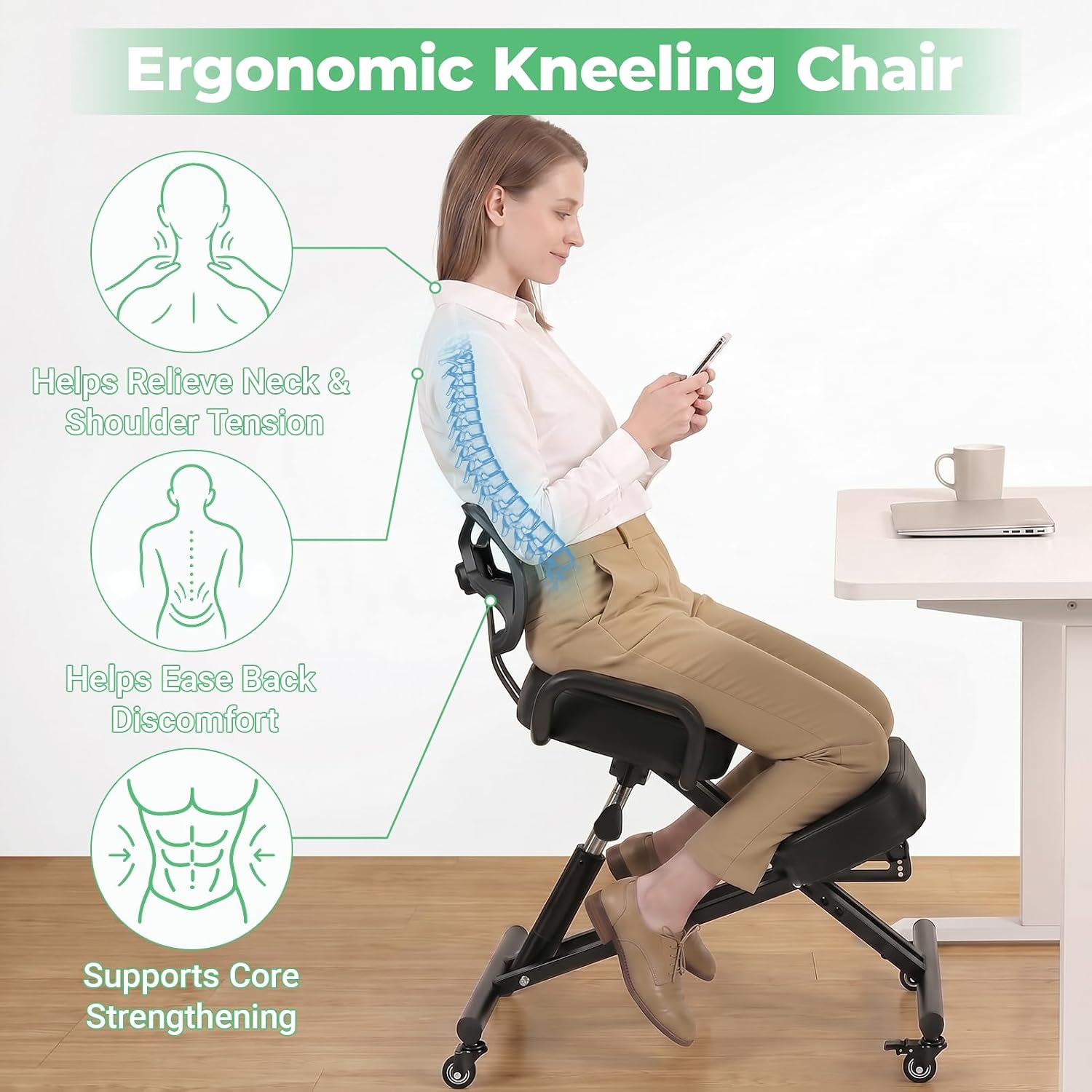 Ergonomic Kneeling Chair with Back Support, Height Adjustable Kneeling Office Chair with Wheels, Posture Correction Desk Chair for Home Office, Study, Computer Work, Supports Up to 220 lbs