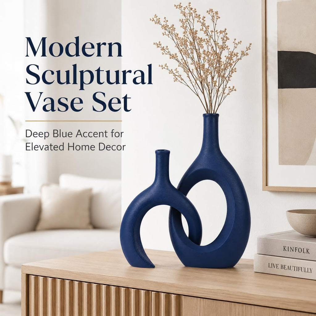 Navy Blue Unique Hollow Bud Vases Set of 2,Modern Snuggle and Huging Style Ceramic Vase for Pampas Grass,Living Room Decorations for Fireplace,Coffee Table Centerpiece,Mantle,Bookshelf Decor