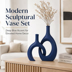 Navy Blue Unique Hollow Bud Vases Set of 2,Modern Snuggle and Huging Style Ceramic Vase for Pampas Grass,Living Room Decorations for Fireplace,Coffee Table Centerpiece,Mantle,Bookshelf Decor
