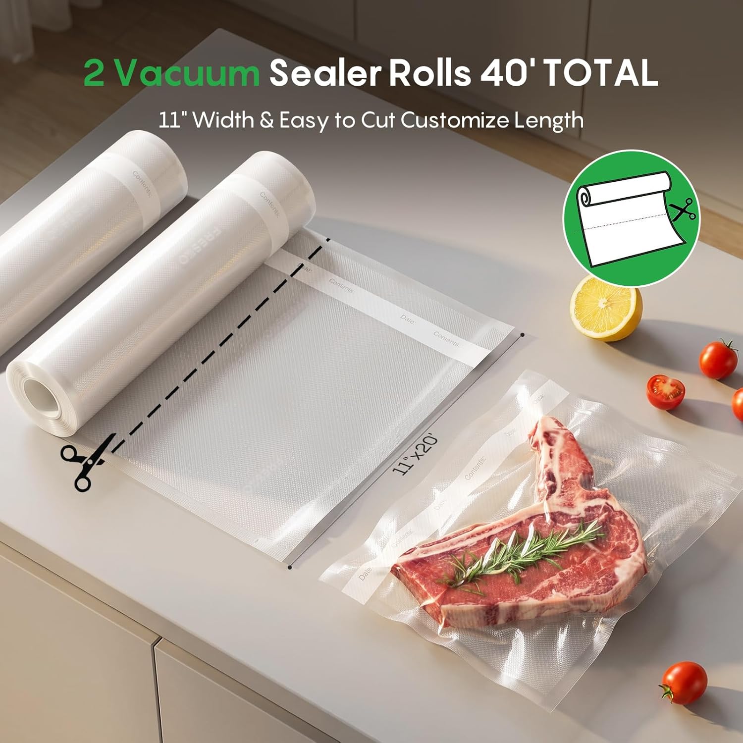 FRESKO Vacuum Sealer Bags Rolls with Write-On Labels, 11" x 20' 2 Pack Bags, BPA Free, Heavy Duty, Customized Size for Food Storage and Sous Vide