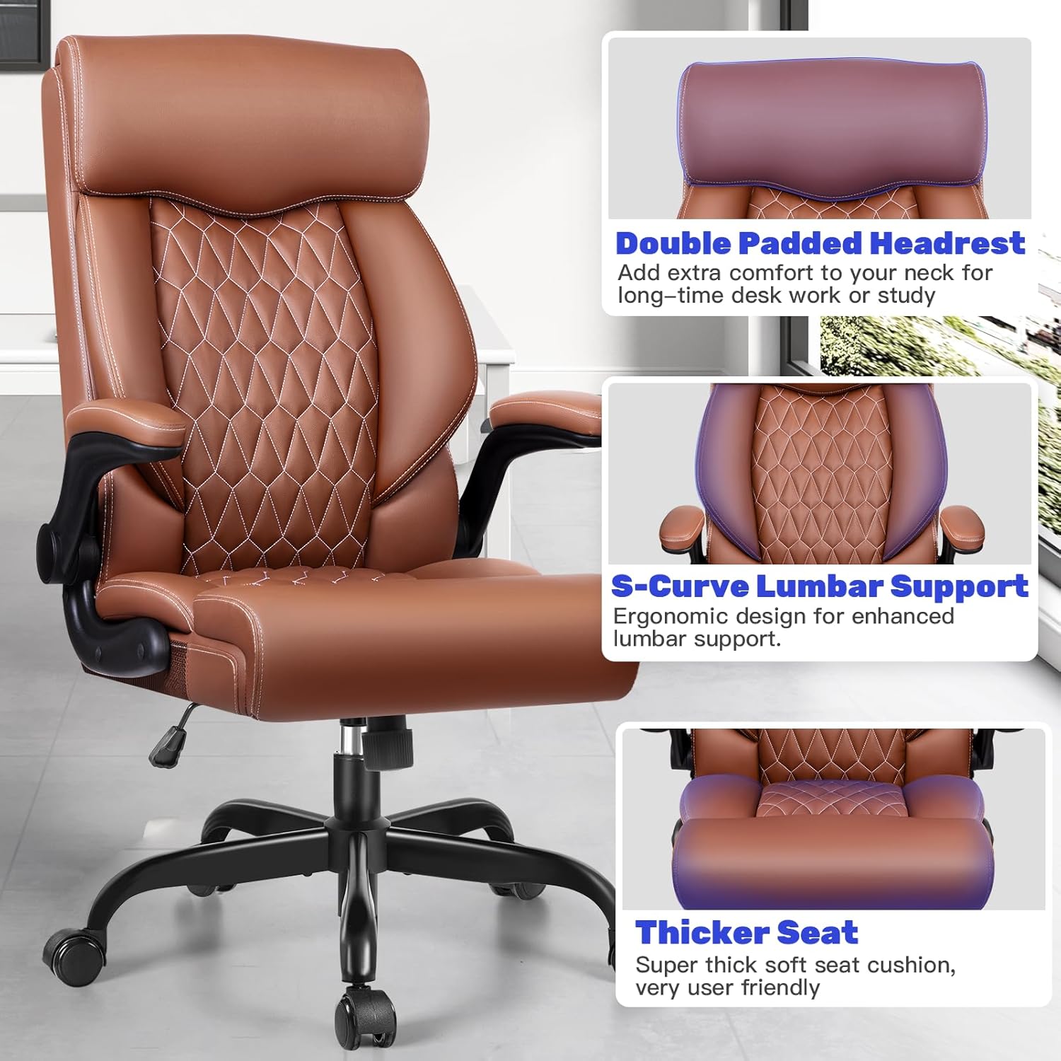 High Back Executive Office Chair - Ergonomic Computer Desk with Rocking Function, Leather Managerial with Adjustable Flip-Up Armrests and Lumbar Support