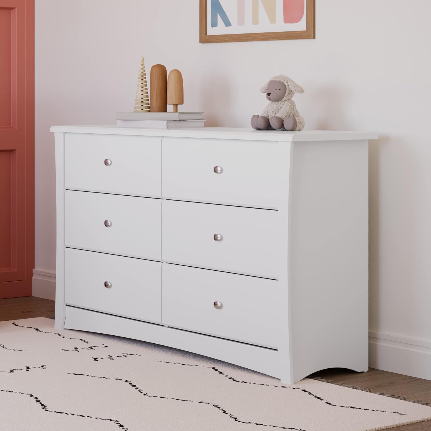 Storkcraft Crescent 6-Drawer Dresser, White | GREENGUARD Gold Certified, White Dresser for Bedroom, Kids & Nursery Storage Chest, Safety Interlocking Drawers, Kids Bedroom