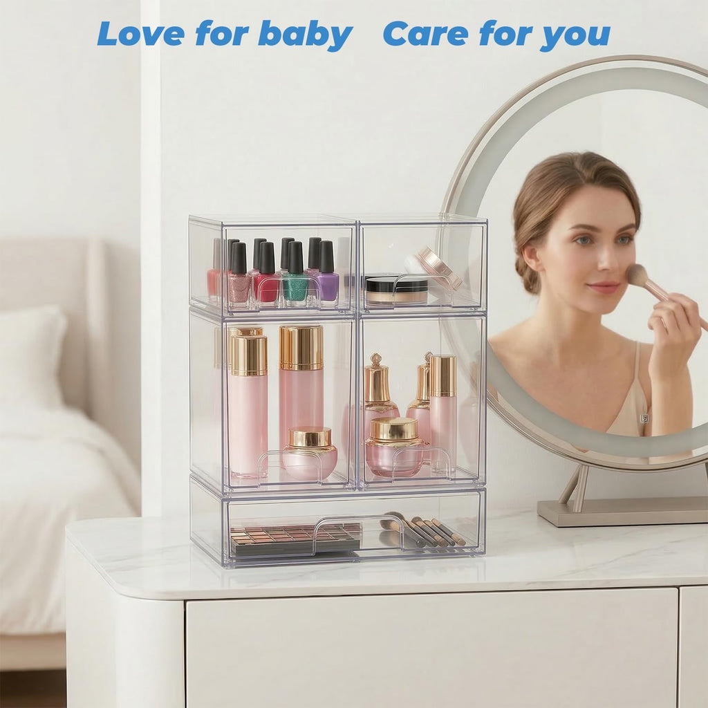 Baby Bottle Organizer, 5 Pack Stackable Storage Dust-proof Drawers, Clear Plastic Bottle Station Organizer for Countertop & Cabinet, Pacifier and Medicine Container for Nursery