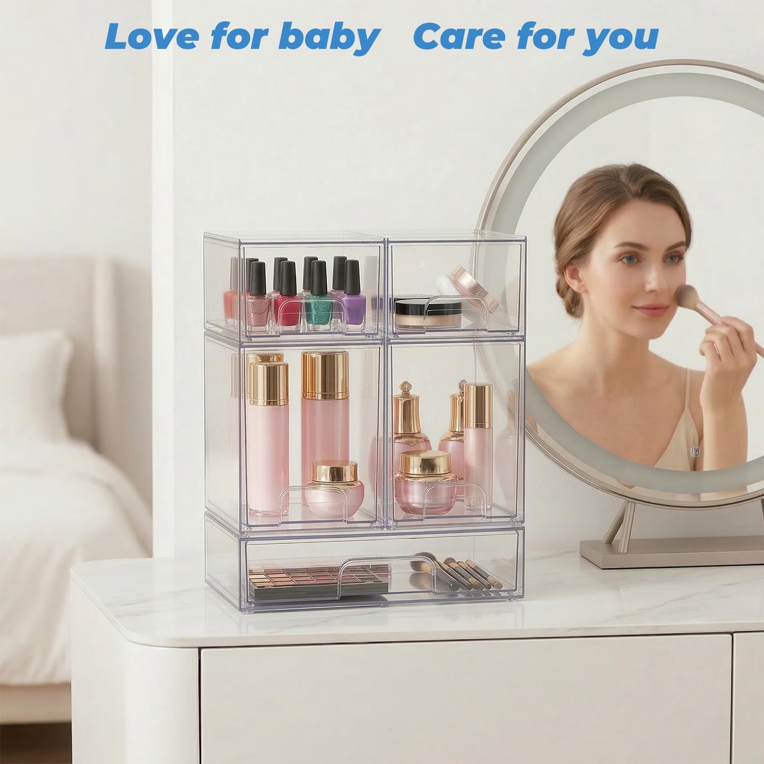 Baby Bottle Organizer, 5 Pack Stackable Storage Dust-proof Drawers, Clear Plastic Bottle Station Organizer for Countertop & Cabinet, Pacifier and Medicine Container for Nursery