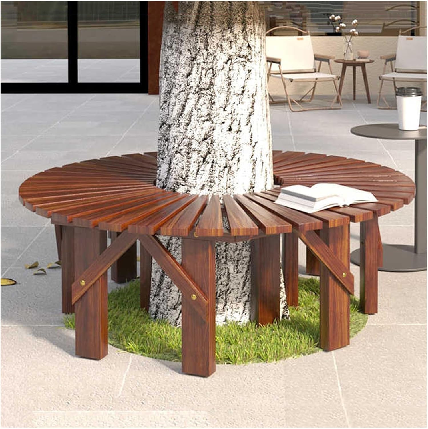 Around Slatted Benches,Solid Wood Slatted Seat Fan-Shaped Garden Tree Bench,for Outdoor Furniture