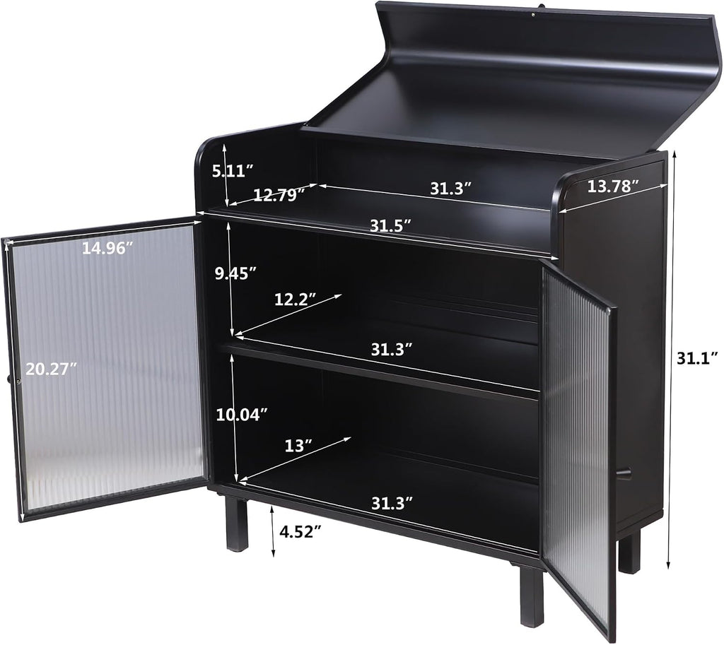 KEIKI 31" Kitchen Pantry, Modern Sideboard Buffet Cabinet with Figured Glass Doors & Flip Top & Open Shelves, Spacious Industrial Metal Organizer for Living Room & Kitchen