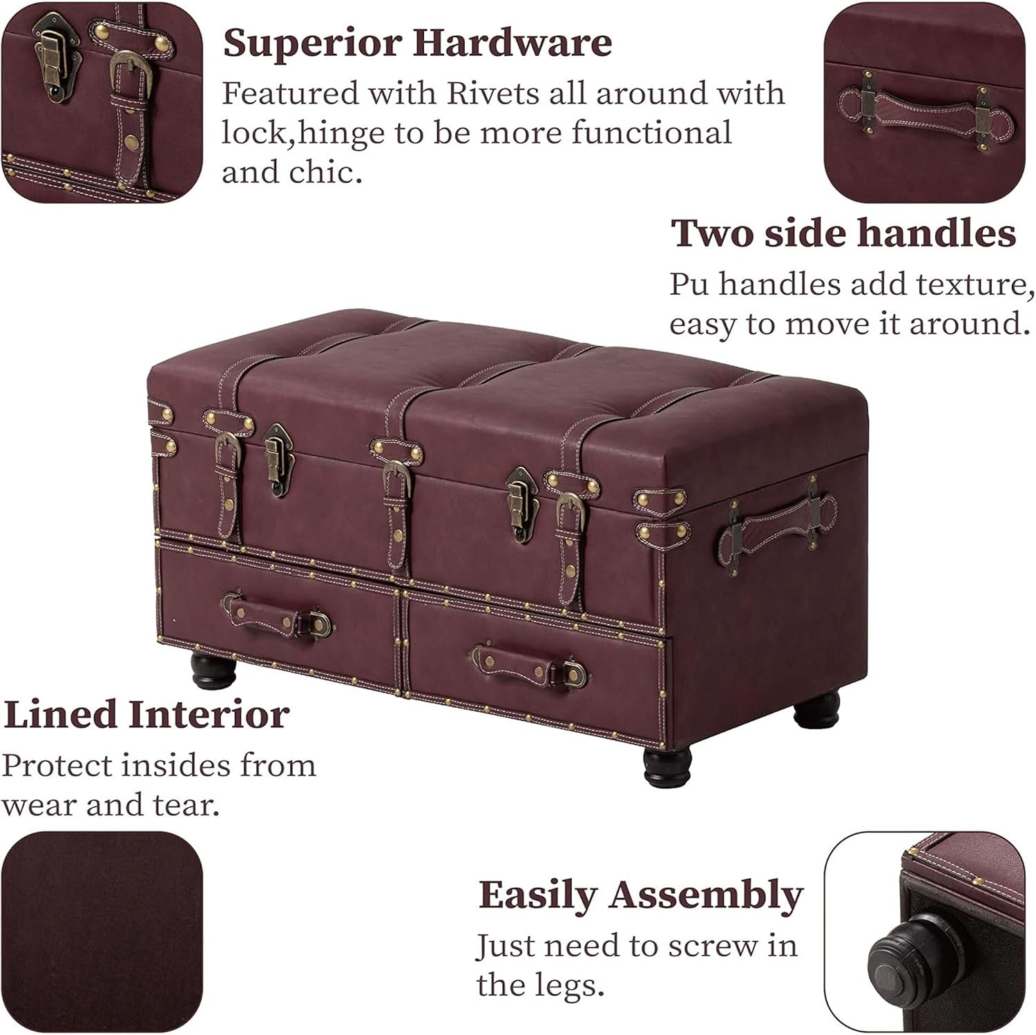 COZAYH Set of 2 Vintage Mid-Century Storage Ottoman Bench - Upholstered Padded Chest for Entryway, Bedroom, Living Room - Dark Magenta
