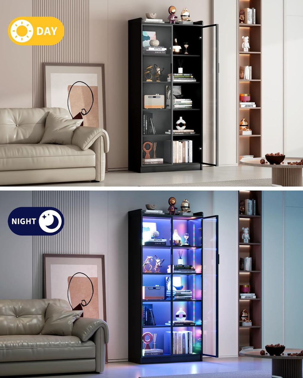 Dystler 65" Display Cabinet with Glass Doors, 5-Tier Curio Cabinet with Motion Sensor RGB Lights, Modern Display Case with Adjustable Shelves for Collectibles, Figures, Books, Black