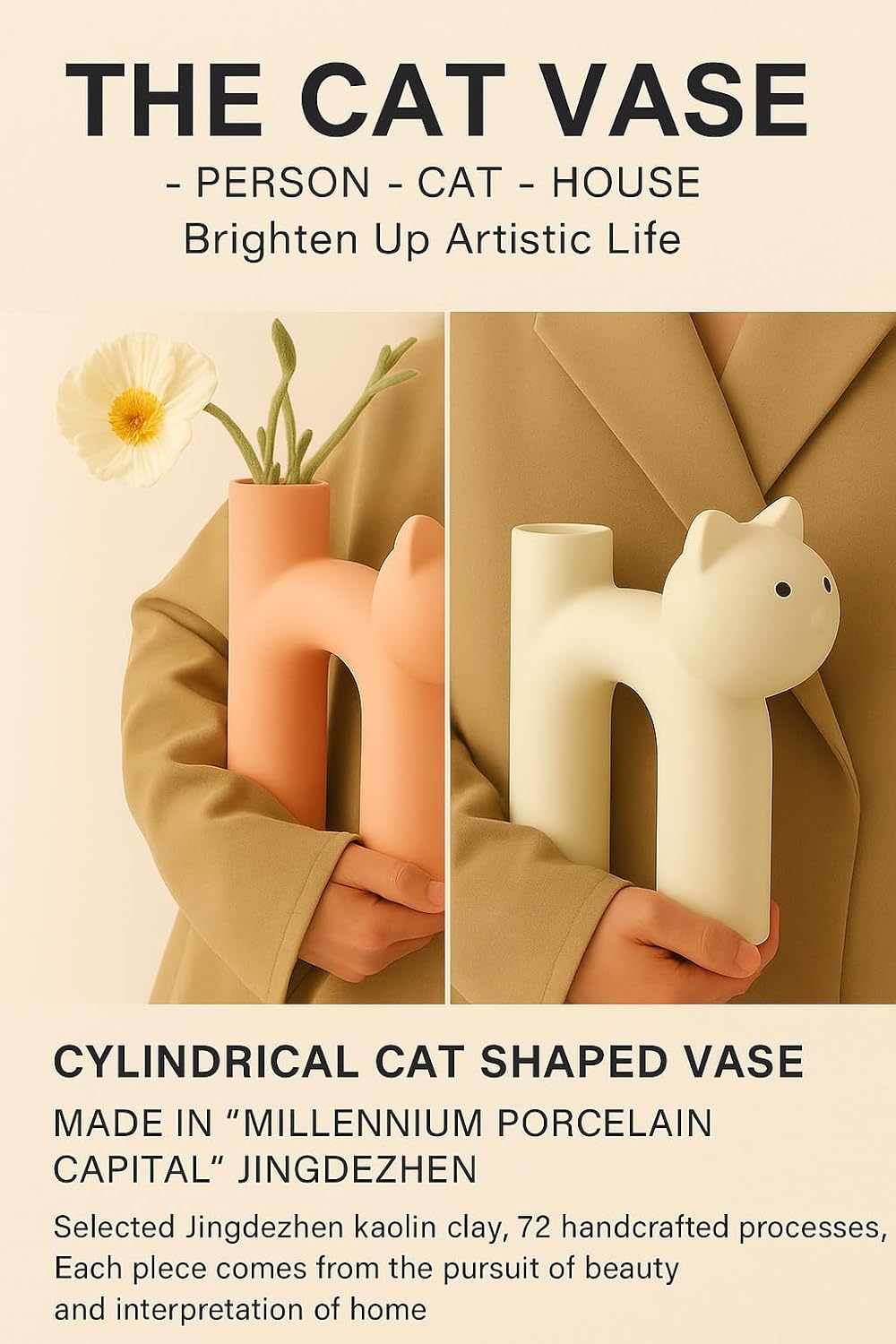 Cat Vase for Flowers, Ceramic Cat Desk Decor for Home & Office, Minimalist Flower Vase for Dried Plants, Cat Lover Gifts for Women, Cat Mom Gifts, Gifts for Cat Lovers, Cute Home Decor Small Vase