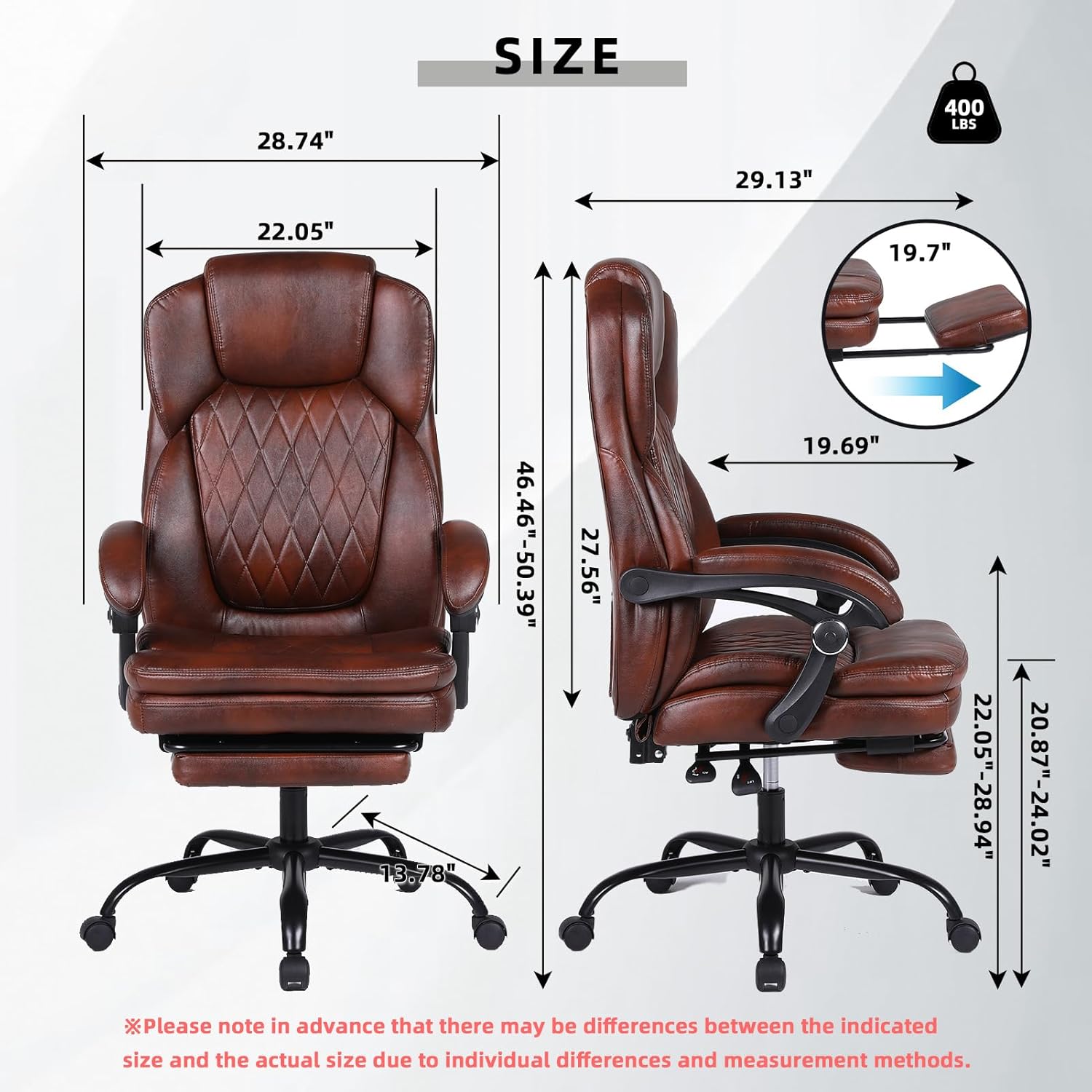 Big and Tall Office Desk Chair, Executive Office Chair with Foot Rest, PU Leather Comfy Reclining Office Chairs for Heavy People, Wide Ergonomic High-Back Computer Chairs, Brown