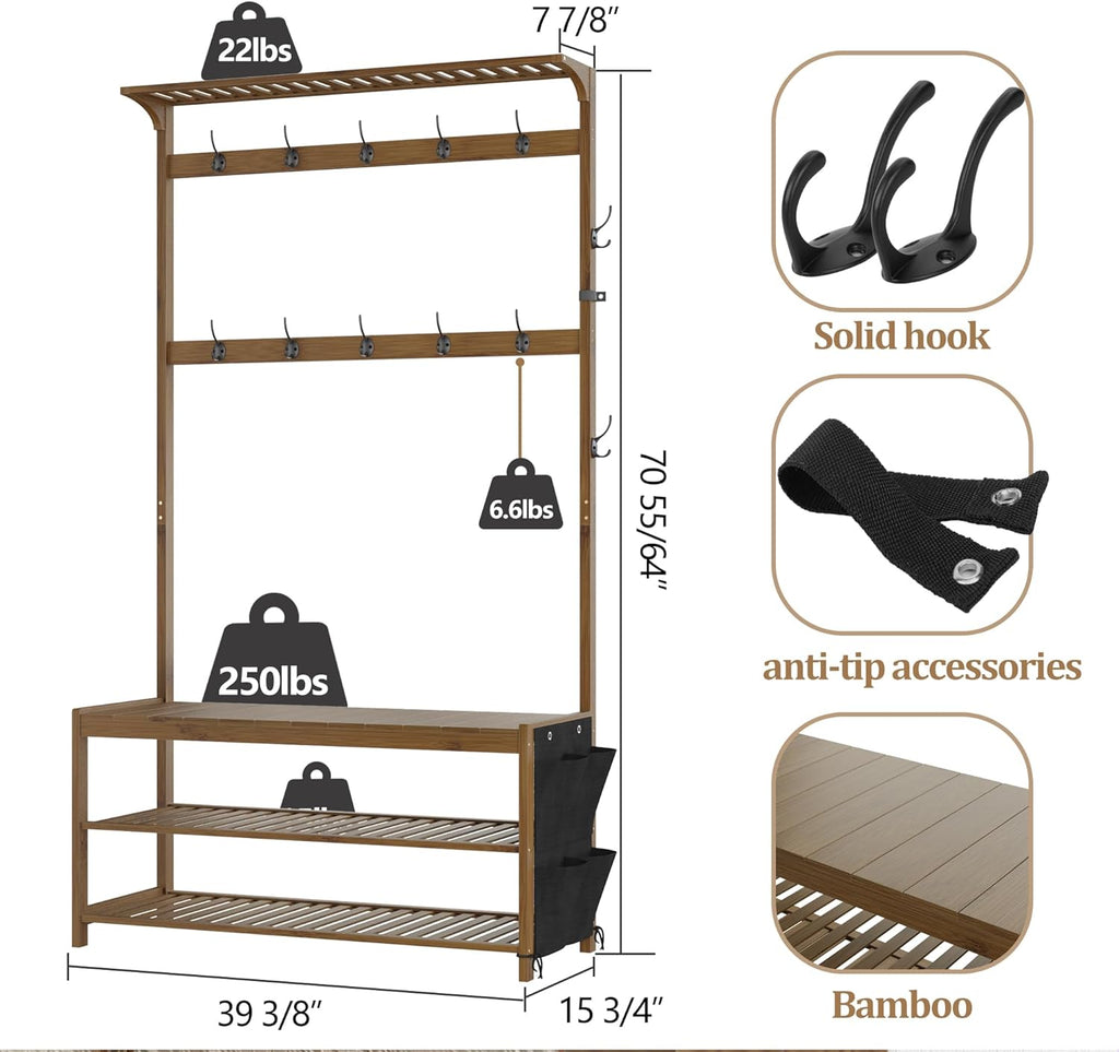 AMBIRD Hall Tree with bench and shoe storage, Entryway Bench with shoe storage, 6-in-1 Coat Rack with Cloth Bag and14 Coat Hooks, Sturdy Bamboo Frame, Large Size, Brown 39 * 15 * 70 Inches