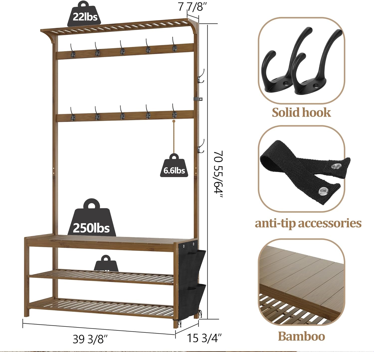 AMBIRD Hall Tree with bench and shoe storage, Entryway Bench with shoe storage, 6-in-1 Coat Rack with Cloth Bag and14 Coat Hooks, Sturdy Bamboo Frame, Large Size, Brown 39 * 15 * 70 Inches