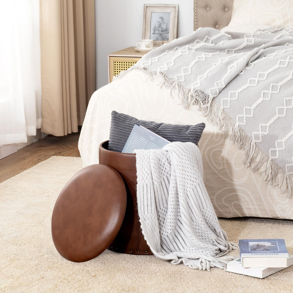 Adeco Brown Upholstered Round Faux Leather Storage Ottoman with Tray Lid | Tufted Foot Rest Ottoman for Living Room & Bedroom | Decorative Home Furniture