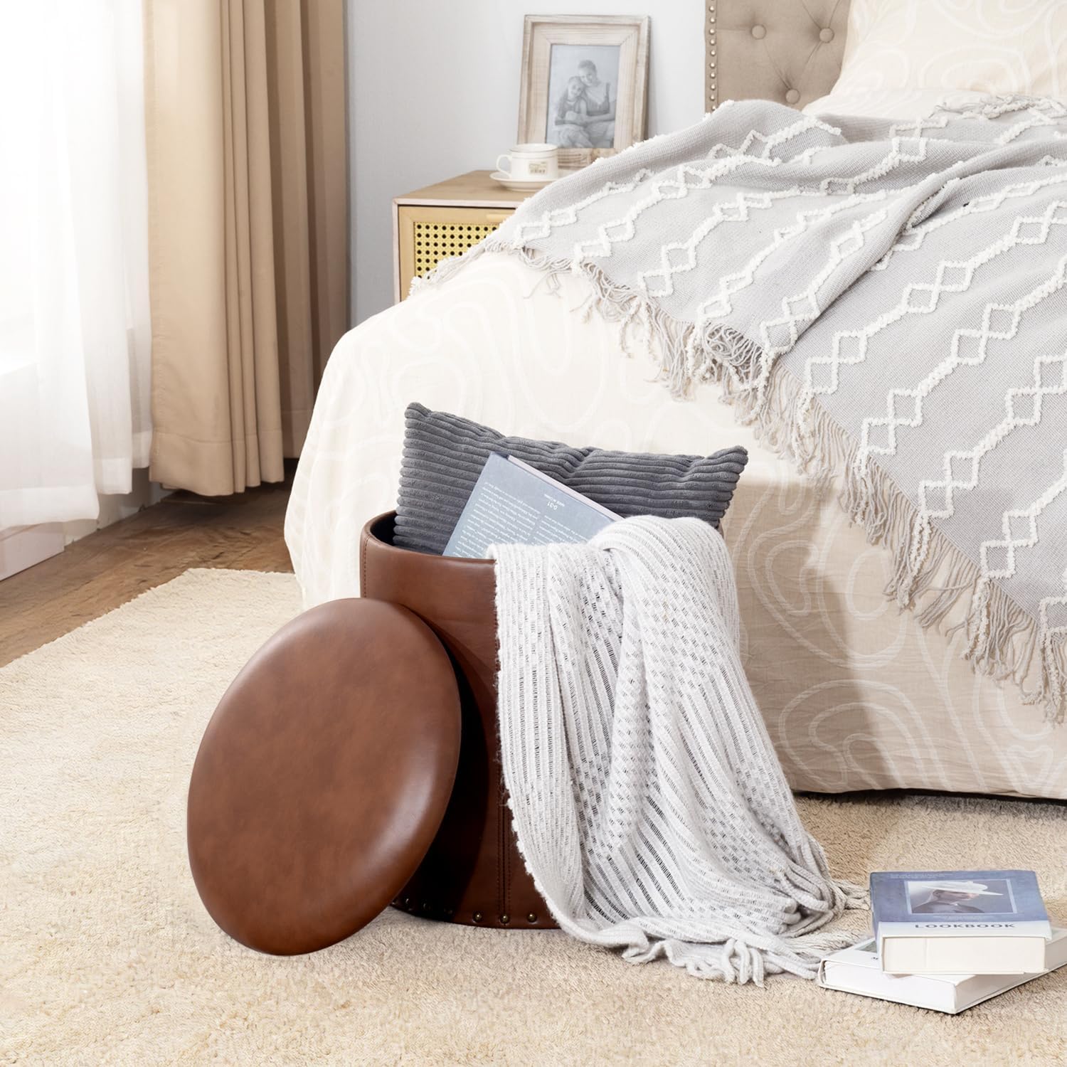 Adeco Brown Upholstered Round Faux Leather Storage Ottoman with Tray Lid | Tufted Foot Rest Ottoman for Living Room & Bedroom | Decorative Home Furniture