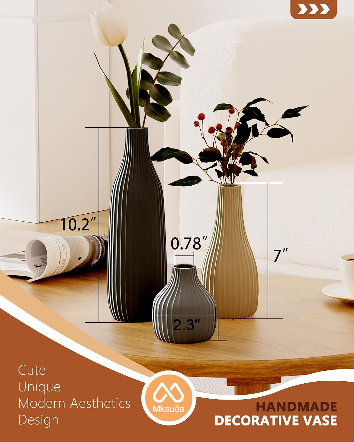 Decorative Flower Vase Set of 3 - Modern Boho Style Multicolor Vases, Ribbed Textures Ceramic Vase for Home Decor Shelf Bookshelf Mantle TV Stand Entryway Console, Dining Table Centerpiece Decor