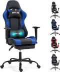 Gaming Chair with Footrest, Ergonomic PC Desk Chair with Headrest and Massage Lumbar Support, Video Game Chair with Height Adjustable High Back for Home Office, PU Leather, Blue