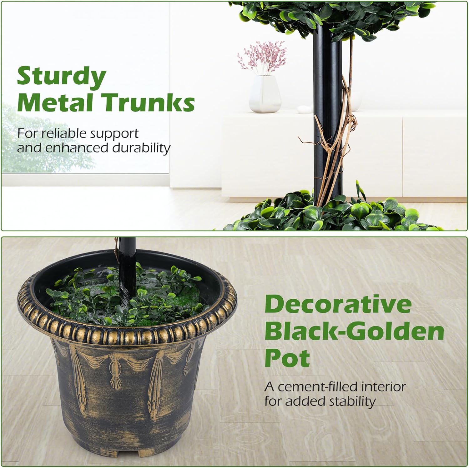 Goplus 3 FT Artificial Boxwood Topiary Tree, Sun-Protective Double Ball Faux Potted Plants, Greenery Indoor Outdoor Fake Plants Shrubs for Entryway Home Office Front Porch Decor (1)