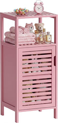 HITNET Small Bathroom Storage Cabinet, Bamboo Floor Cabinet Single Door, Freestanding Narrow Side Organizer for Living Room Hallway Entryway, Pink